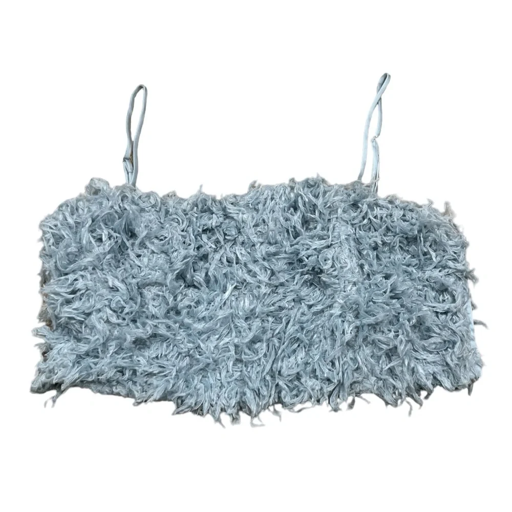 Zara Baby Blue Feather Crop Top SZ Small Old Money Glam Aesthetic Bougie Beach - Picture 6 of 13
